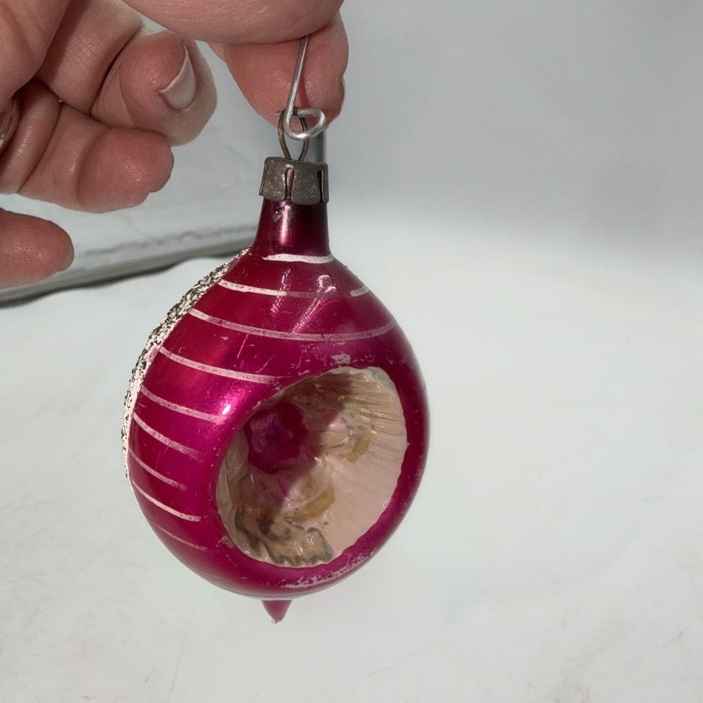 Vintage Blown Glass Teardrop Indent Christmas Ornament Pink & White Poland